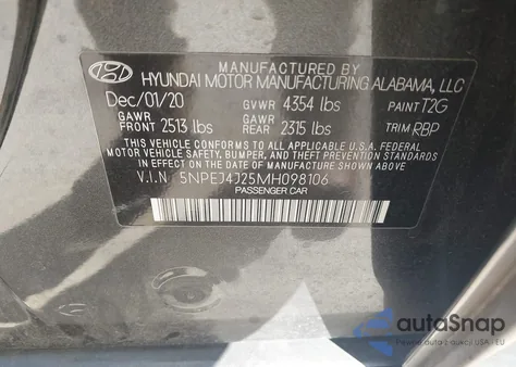 2021 Hyundai Sonata Sel Plus z USA, uszkodzony, nr VIN 5NPEJ4J25MH098106